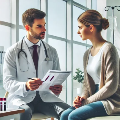 The visual of a doctor reviewing a MPV blood test report with a patient