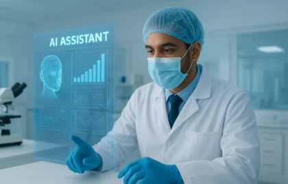 A lab technologist reviewing results with a digital holographic display.