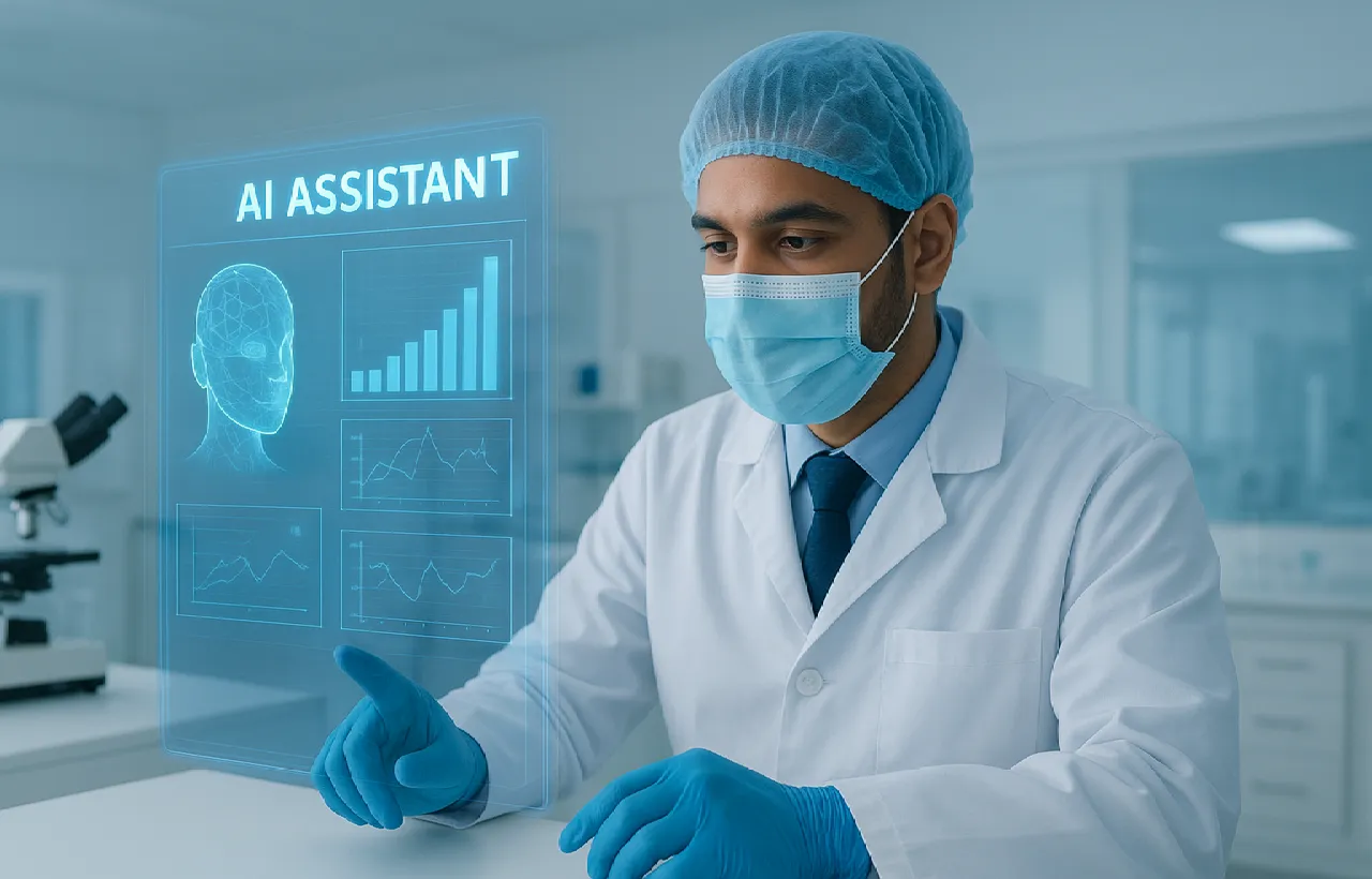 The Future of Diagnostic Laboratories in Bangladesh: Challenges and Opportunities 1 A lab technologist reviewing results with a digital holographic display.