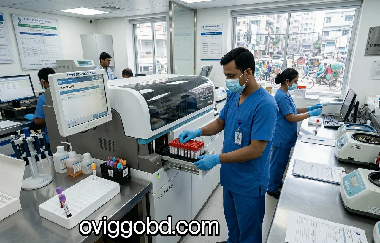 CRP Test Price in Bangladesh 2026 — Full Price List, Normal Range & What You Need to Know 1 Medical technologist in Dhaka diagnostic center operating an automated blood analyzer to process CRP samples.